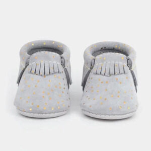 Freshly‎ Picked Grey Confetti Soft Sole Moccasins Fringe Moccs Girls Gold Shiny